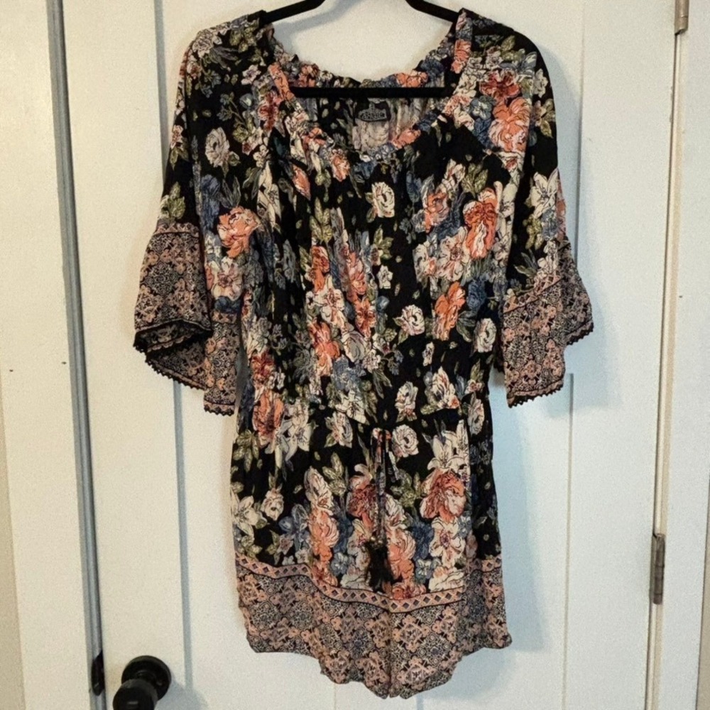 Angie Festival Floral Romper Crochet Lace Trim Bell Sleeve Off Shoulder M Boho